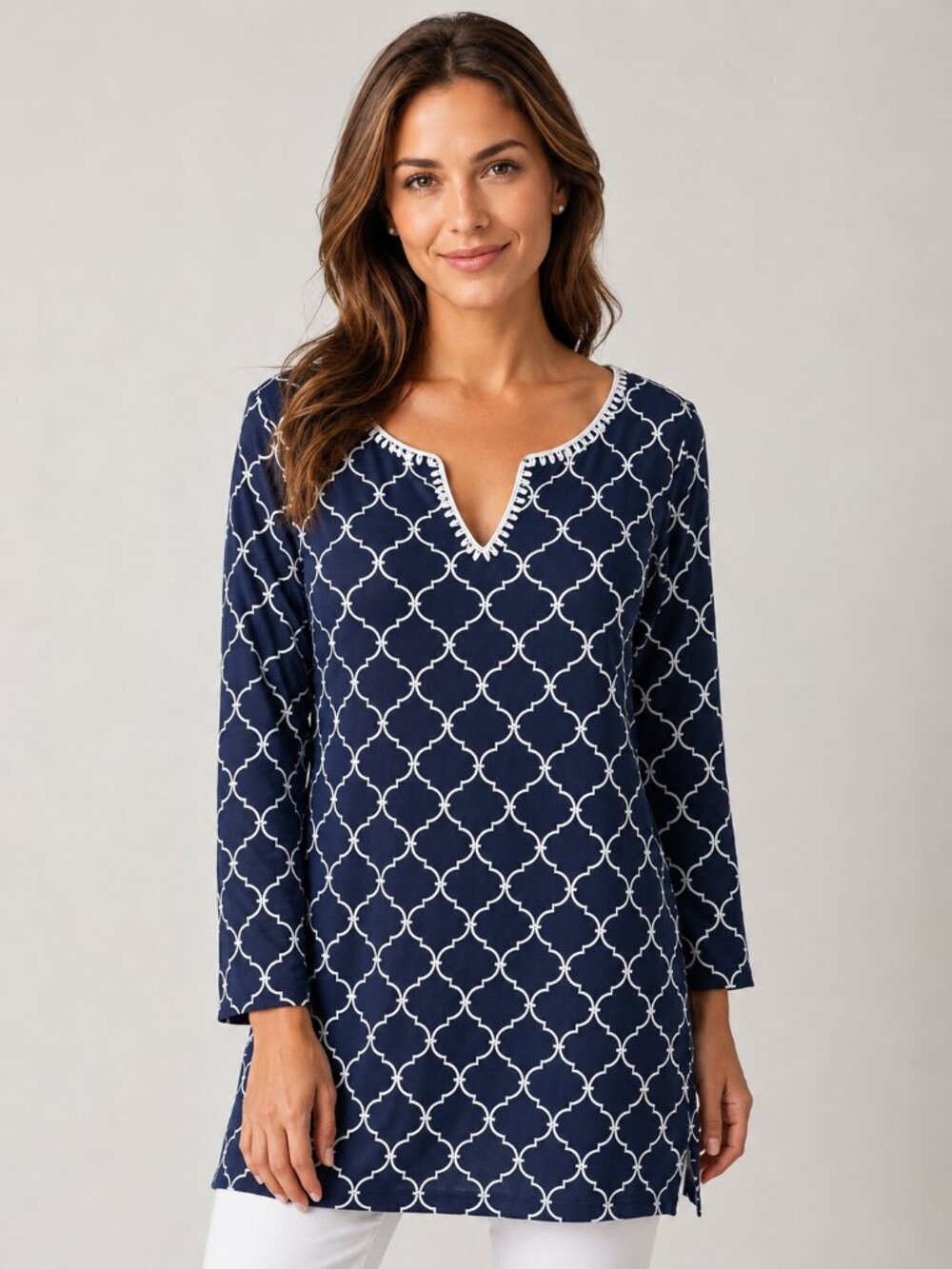 Talbots Navy Blue Geometric Print Tunic Top